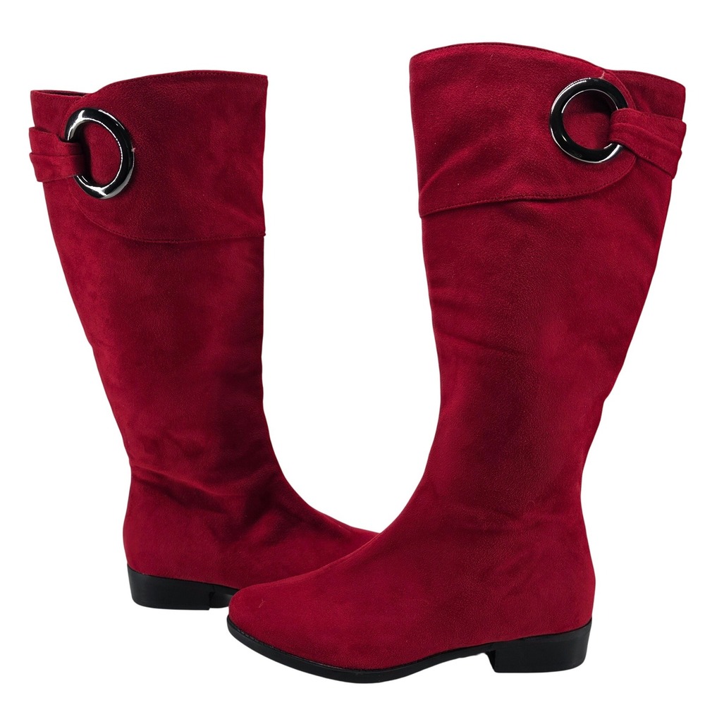 Impo Knee High Boots Red Faux Suede Remember Tall 7 M Buckle Whimsigoth Y2K Mod